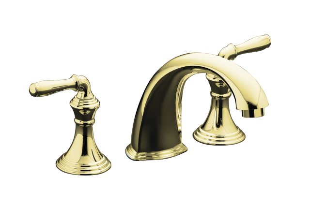 Kohler K-T398-4-PB; Devonshire (R) deck-/rim-mount high-flow bath faucet trim with 9" spout and lever handles valve not included; in Vibrant Polished Brass