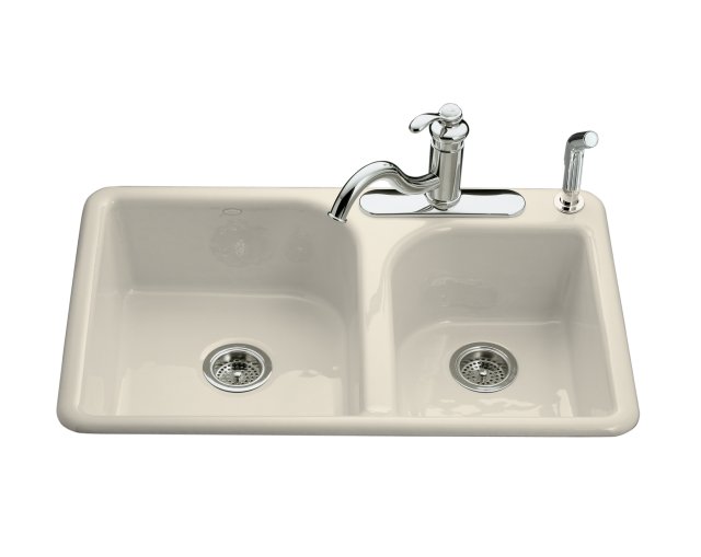 Kohler K-5948-4; Efficiency (TM); 33"" x 22"" x 7-5/8"" top-mount large/medium double-bowl kitchen sink with 4 faucet holes repair replacement technical part breakdown