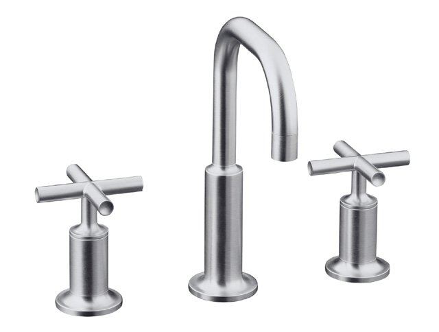 Kohler K-14406-3 Purist(R) widespread lavatory faucet with low gooseneck spout and low cross handles