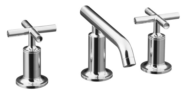 Kohler K-14410-3-CP; Purist (R) widespread lavatory faucet with low spout and low cross handles; in Polished Chrome