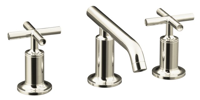 Kohler K-14410-3-SN; Purist (R) widespread lavatory faucet with low spout and low cross handles; in Vibrant Polished Nickel