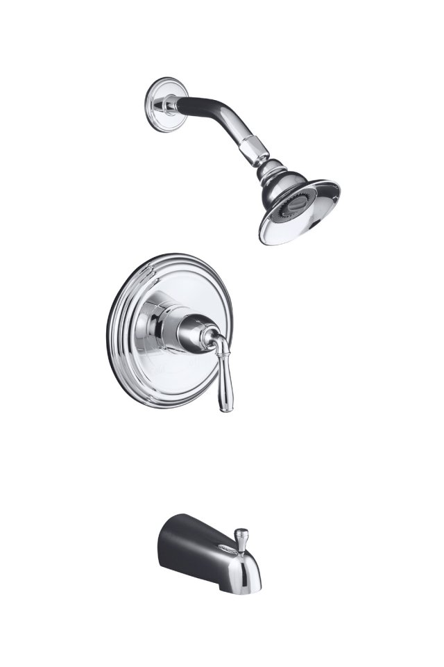 Kohler K-T395-4S; Devonshire (R) ; Rite-Temp (R) pressure-balancing bath and shower faucet trim with lever handle and slip-fit spout valve not included repair replacement technical part breakdown