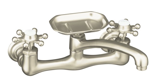 Kohler K-149-3 Antique(TM) wall-mount kitchen sink faucet with six-prong handles and 8"" swing spout