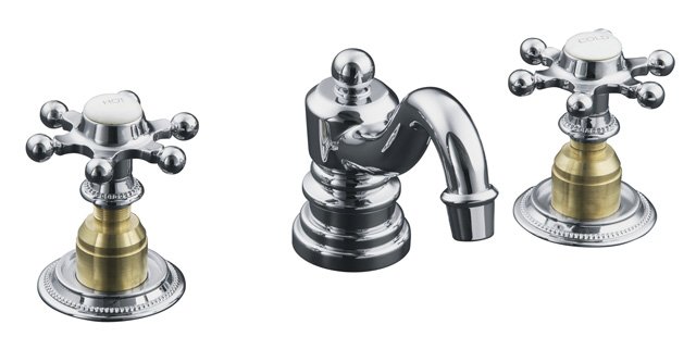 Kohler K-223-3D Antique(TM) widespread lavatory faucet with six-prong handles requires ceramic skirts