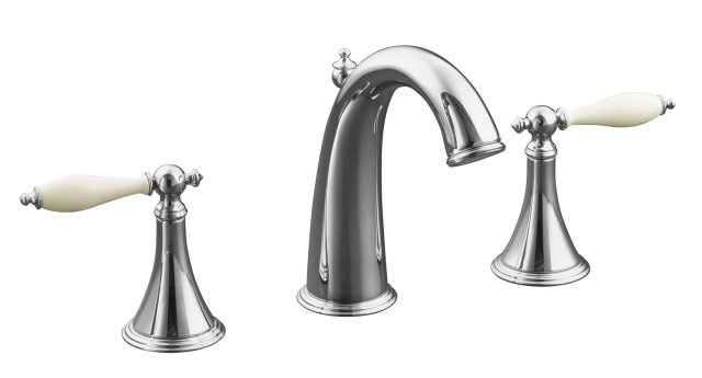 Kohler K-310-4F Finial(R) Traditional widespread lavatory faucet with lever handles and Biscuit inserts