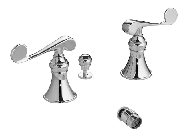 Kohler K-16137-4-CP; Revival (R) bidet faucet with below-the-rim swivel spray and scroll lever handles; in Polished Chrome; Discontinued Product