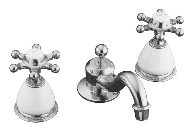 Kohler K-223-3 Antique(TM) widespread lavatory faucet with six-prong handles and ceramic skirts