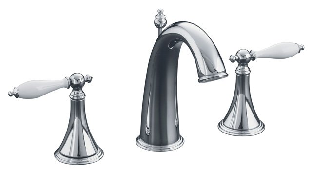 Kohler K-310-4P Finial(R) Traditional widespread lavatory faucet with lever handles and White inserts