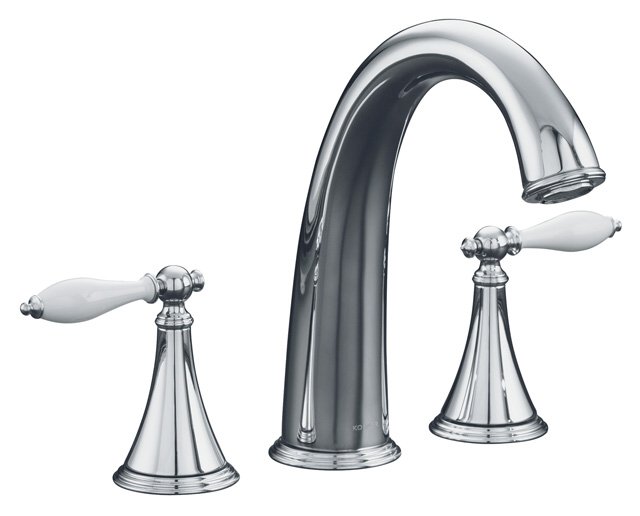 Kohler K-T314-4P Finial(R) Traditional deck-mount high-flow bath faucet trim with lever handles and White handle inserts valve not included