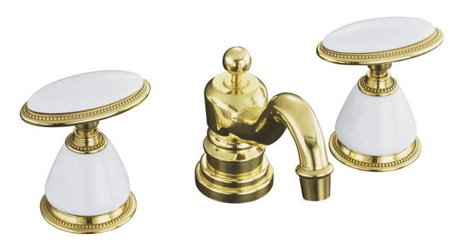 Kohler K-280-9B Antique(TM) widespread lavatory faucet with oval handles requires ceramic handle insets and skirts
