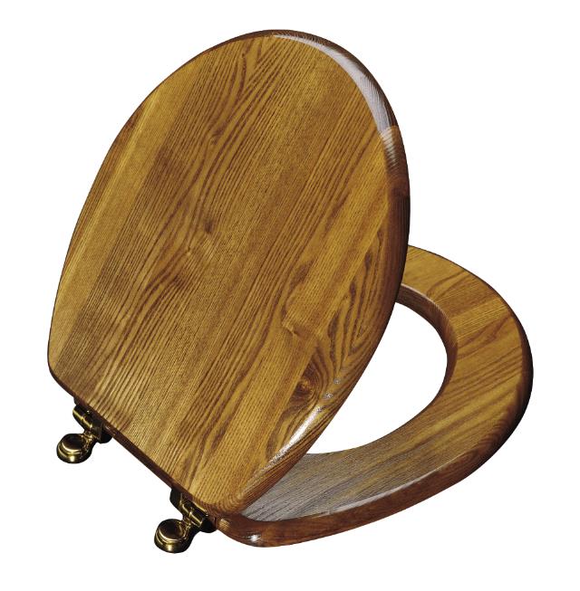 Kohler K-4756-BR Vintage(R) solid oak toilet seat round closed-front seat with cover and Polished Brass hinges
