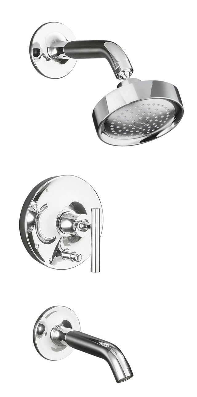 Kohler K-T14420-4-BV; Purist (R) Rite-Temp (R) pressure-balancing bath and shower faucet trim with push-button diverter and lever handle valve not included; in Vibrant Brushed Bronze