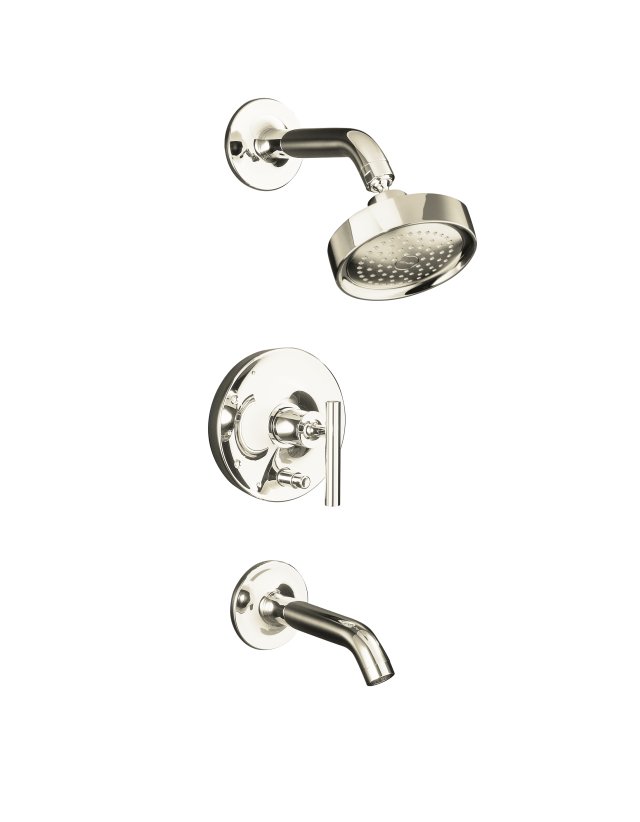 Kohler K-T14420-4-SN; Purist (R) Rite-Temp (R) pressure-balancing bath and shower faucet trim with push-button diverter and lever handle valve not included; in Vibrant Polished Nickel