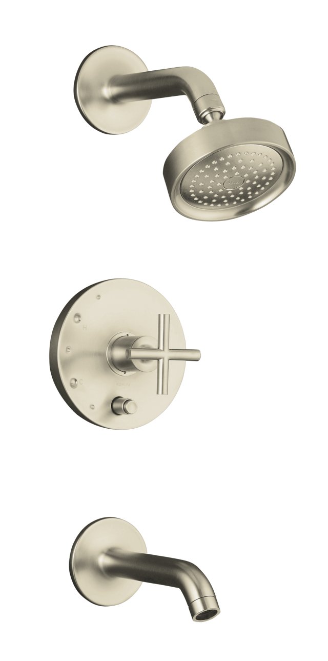 Kohler K-T14420-3-BN; Purist (R) Rite-Temp (R) pressure-balancing bath and shower faucet trim with push-button diverter and cross handle valve not included; in Vibrant Brushed Nickel