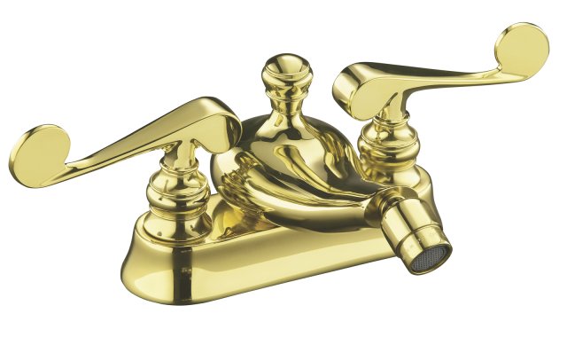 Kohler K-16131-4-PB; Revival (R) centerset bidet faucet with scroll lever handles; in Vibrant Polished Brass; Discontinued Product