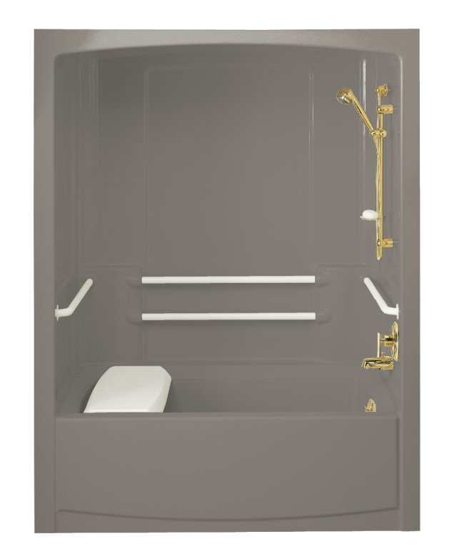 Kohler K-12104-C Freewill(R) barrier-free bath and shower module with brushed stainless steel grab bars outlet at right