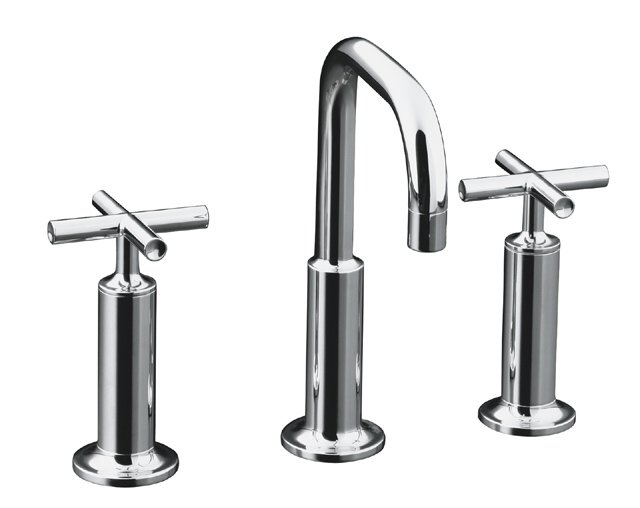 Kohler K-14407-3 Purist(R) widespread lavatory faucet with low gooseneck spout and high cross handles