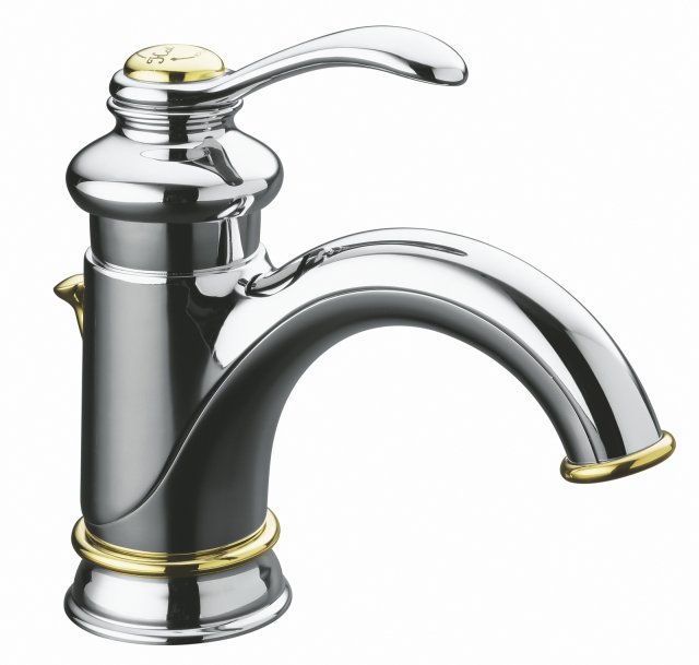 Kohler K-12182-CB; Fairfax (R) single-control lavatory faucet with lever handle; in Polished Chrome with Vibrant Polished Brass Accents; Discontinued Product - Use Kohler K-12182
