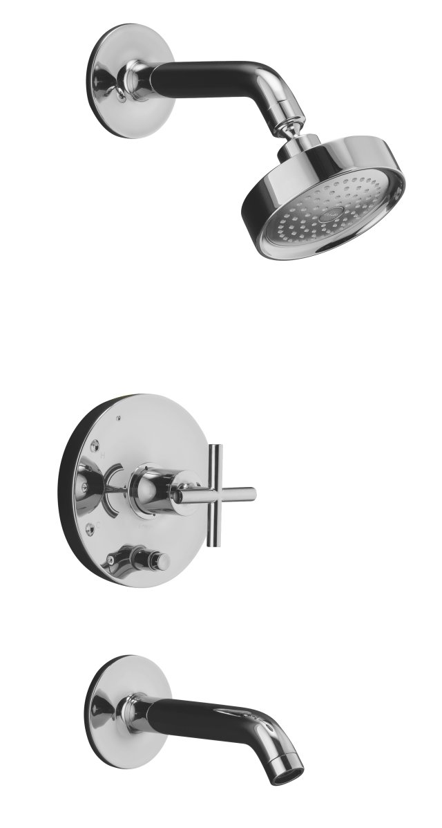 Kohler K-T14421-3-BV; Purist (R) Rite-Temp (R) pressure-balancing bath and shower faucet trim with push-button diverter 7-3/4" spout and cross handle valve not included; in Vibrant Brushed Bronze