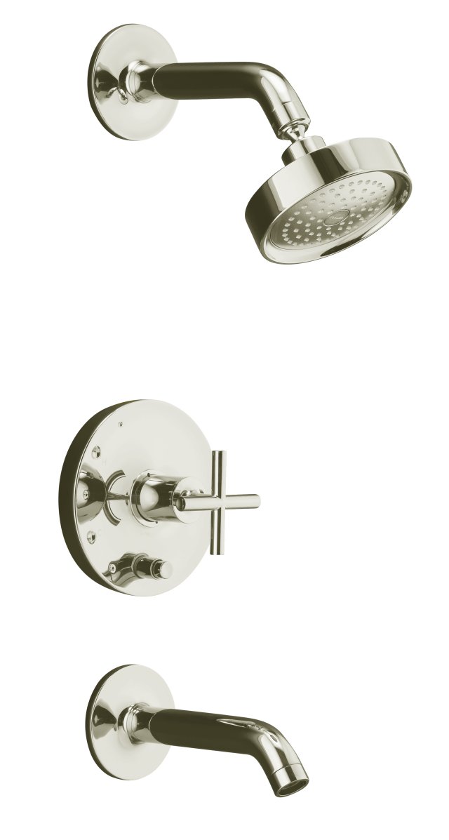 Kohler K-T14420-3-SN; Purist (R) Rite-Temp (R) pressure-balancing bath and shower faucet trim with push-button diverter and cross handle valve not included; in Vibrant Polished Nickel