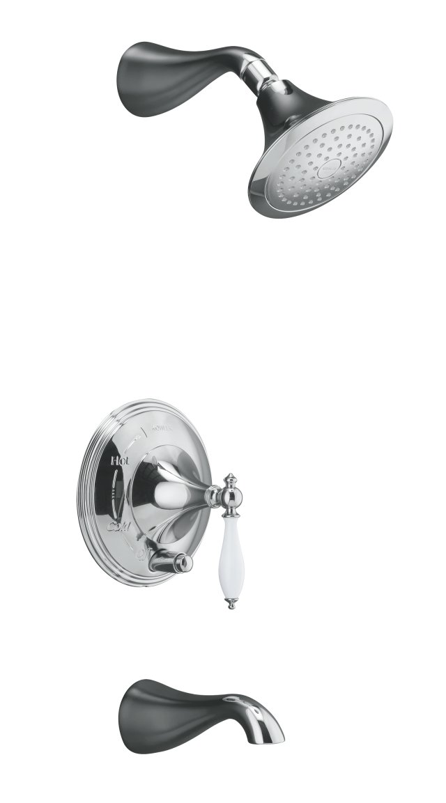 Kohler K-T312-4P Finial(R) Traditional Rite-Temp(R) pressure-balancing bath and shower faucet trim with push-button diverter lever handle and White handle insert valve not included