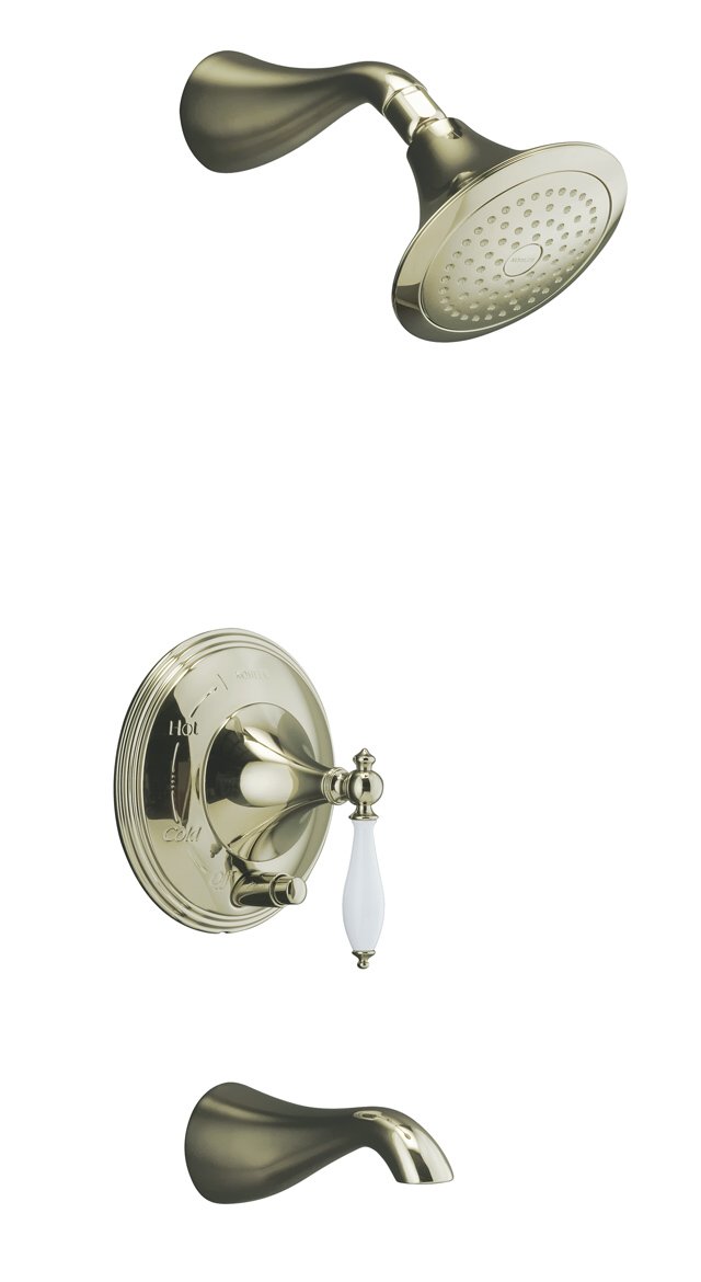 Kohler K-T312-4F Finial(R) Traditional Rite-Temp(R) pressure-balancing bath and shower faucet trim with push-button diverter lever handle and Biscuit handle insert valve not included