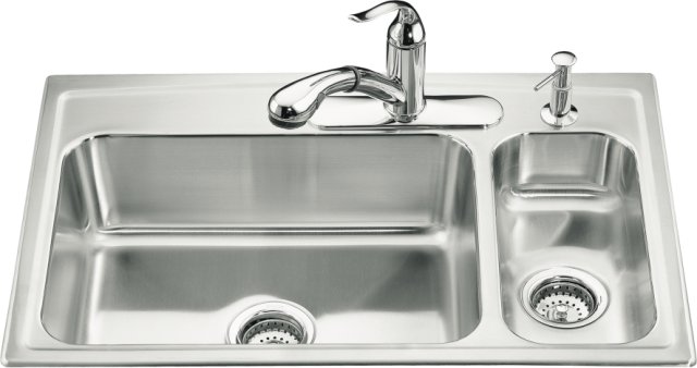 Kohler K-3347R-4 Toccata(TM) high/low self-rimming kitchen sink with faucet on right-hand and four-hole faucet punching