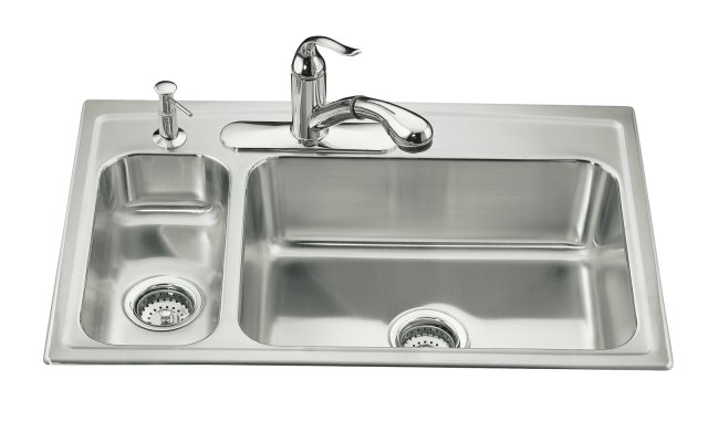 Kohler K-3347L-3 Toccata(TM) high/low self-rimming kitchen sink with faucet on left-hand and three-hole faucet punching