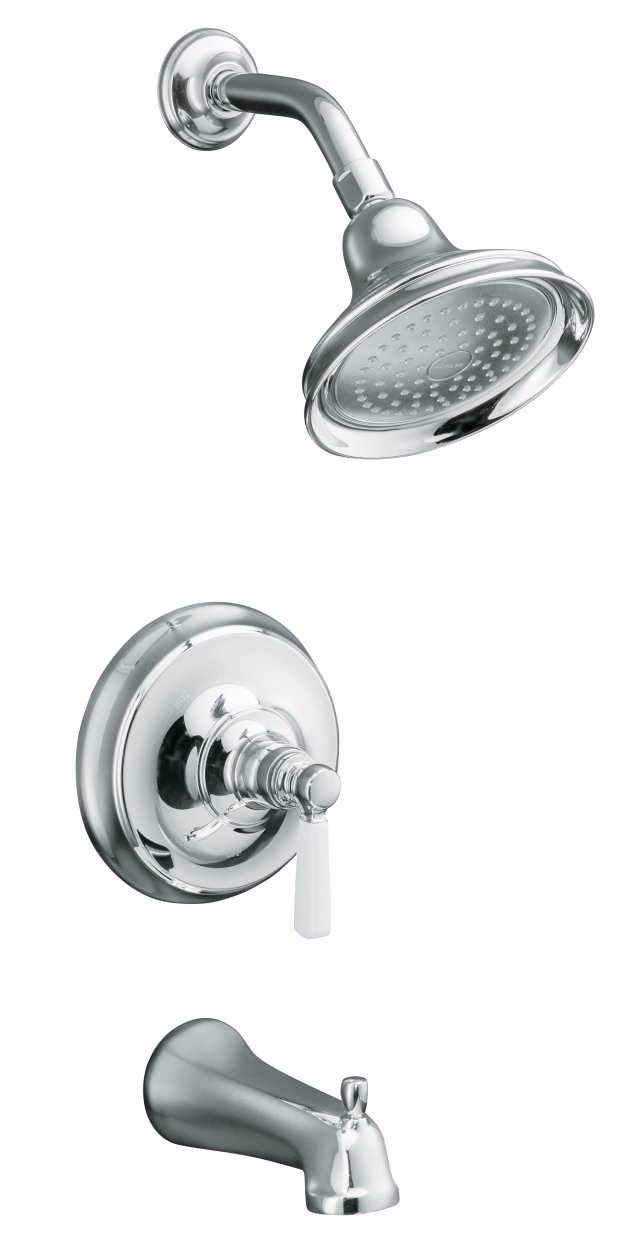 Kohler K-R10582-4P Bancroft(R) Rite-Temp(R) pressure-balancing bath and shower faucet trim with slip-fit spout white ceramic lever handle and valve