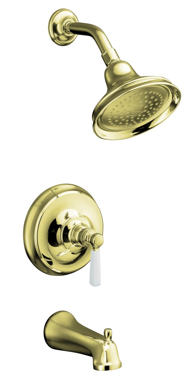 Kohler K-T10581-4P Bancroft(R) Rite-Temp(R) pressure-balancing bath and shower faucet trim with diverter spout and White ceramic lever handle valve not included