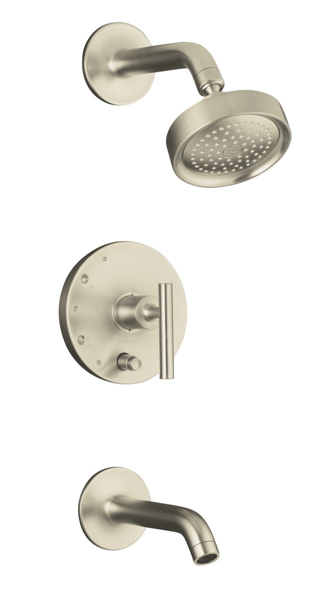 Kohler K-T14420-4-BN; Purist (R) Rite-Temp (R) pressure-balancing bath and shower faucet trim with push-button diverter and lever handle valve not included; in Vibrant Brushed Nickel