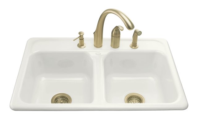 Kohler K-5817-4; Delafield (R); 33"" x 22"" x 8-1/2"" top-mount double-equal kitchen sink with 4 faucet holes repair replacement technical part breakdown
