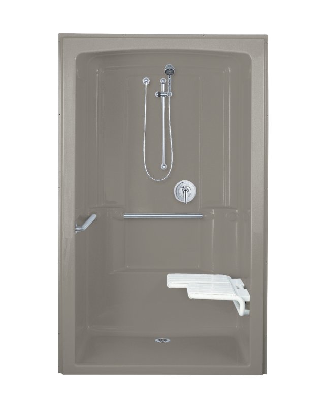 Kohler K-12112-P Freewill(R) barrier-free shower module with polished stainless steel grab bars and seat at right 52"" x 38-1/2"" x 84""