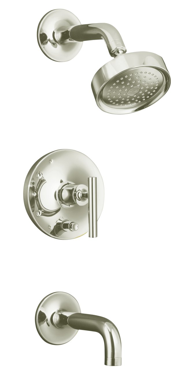Kohler K-T14421-4-SN; Purist (R) Rite-Temp (R) pressure-balancing bath and shower faucet trim with push-button diverter 7-3/4" spout and lever handle valve not included; in Vibrant Polished Nickel