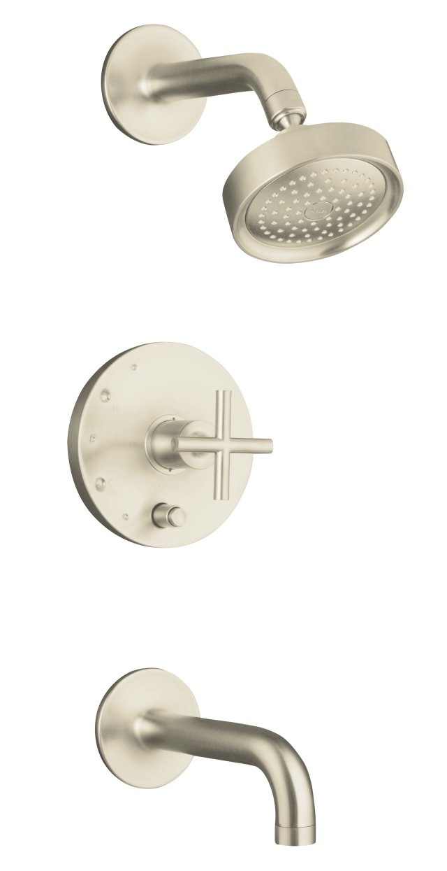 Kohler K-T14421-3-BN; Purist (R) Rite-Temp (R) pressure-balancing bath and shower faucet trim with push-button diverter 7-3/4" spout and cross handle valve not included; in Vibrant Brushed Nickel