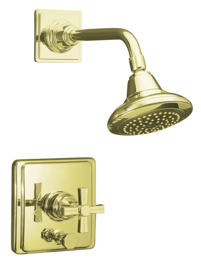 Kohler K-T13134-3B-AF; Pinstripe (R) Rite-Temp (R) pressure-balancing shower faucet trim with cross handle, valve not included; in Vibrant French Gold; Discontinued Prdouct