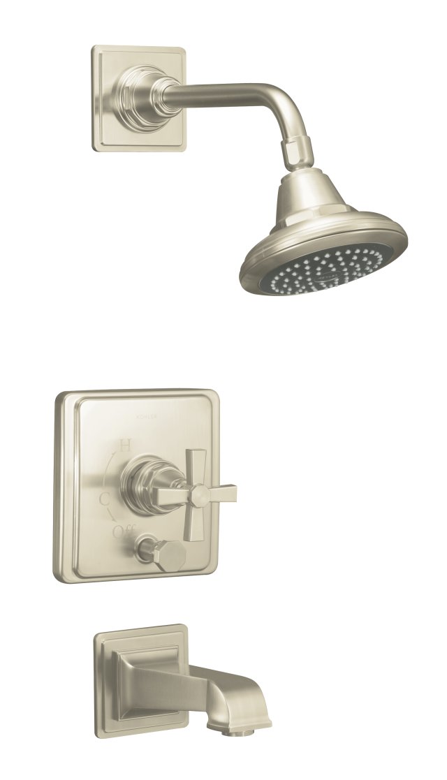 Kohler K-T13133-3A-BN; Pinstripe (R) Pure Rite-Temp (R) pressure-balancing bath and shower faucet trim with cross handle valve not included; in Vibrant Brushed Nickel