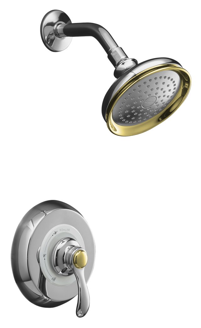 Kohler K-T12014-4-CB; Fairfax (R) Rite-Temp (R) pressure-balancing shower faucet trim with lever handle, valve not included; in Polished Chrome with Vibrant Polished Brass Accents; Discontinued Product - Use Kohler K-T12014-4