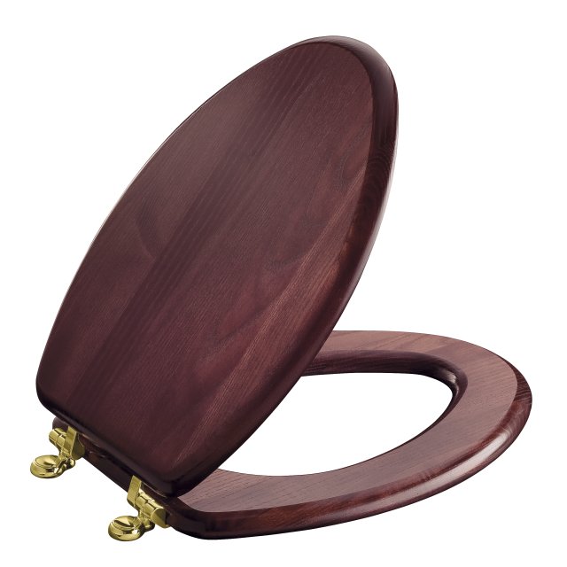 Kohler K-4755-BR Vintage(R) solid oak toilet seat elongated closed-front seat with cover and Polished Brass hinges