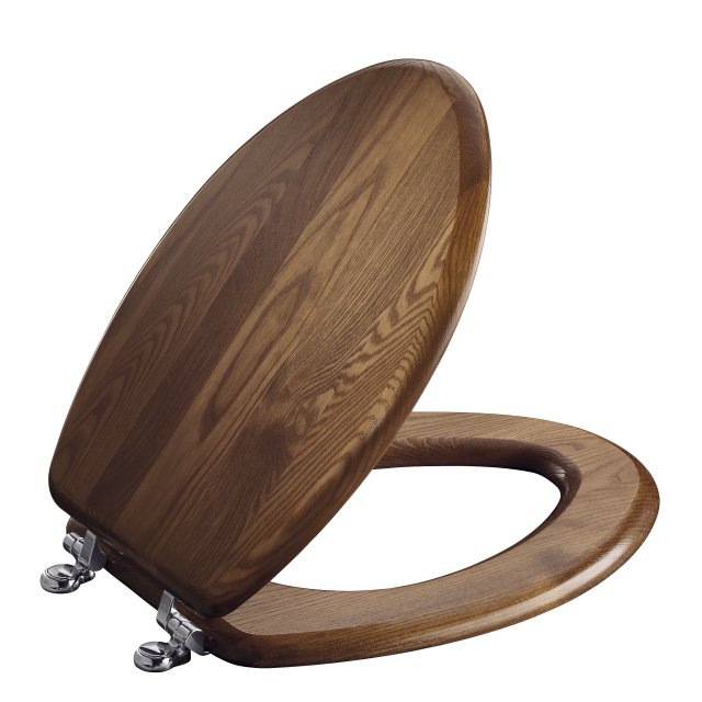 Kohler K-4755-CP Vintage(R) solid oak toilet seat elongated closed-front seat with cover and Polished Chrome hinges