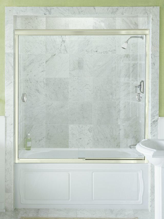 Kohler K-704410-L-ABV; Devonshire (R) bypass bath door with Crystal Clear glass; in Anodized Brushed Bronze; Discontinued Prdouct