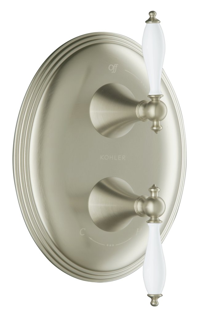 Kohler K-T10302-4P Finial(R) Traditional stacked valve trim with lever handles and White handle inserts valve not included
