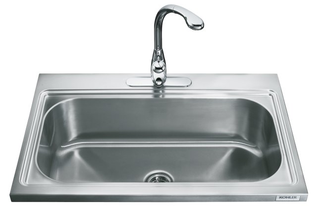 Kohler K-3375-3 PRO TaskSink(TM) single-basin countertop kitchen sink with three-hole faucet punching