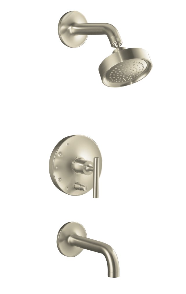 Kohler K-T14421-4-BN; Purist (R) Rite-Temp (R) pressure-balancing bath and shower faucet trim with push-button diverter 7-3/4" spout and lever handle valve not included; in Vibrant Brushed Nickel