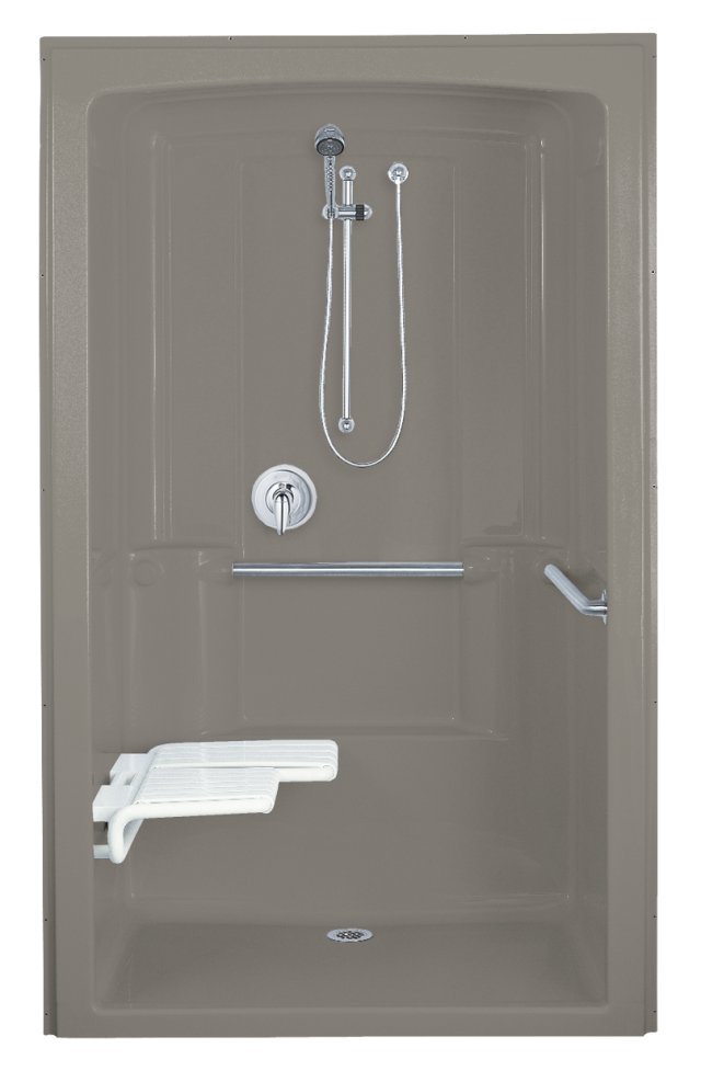 Kohler K-12111-C Freewill(R) barrier-free shower module with brushed stainless steel grab bars and seat at left 52"" x 38-1/2"" x 84""