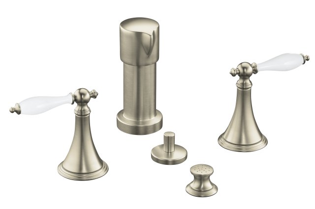 Kohler K-316-4P Finial(R) Traditional bidet faucet with lever handles and White handle inserts
