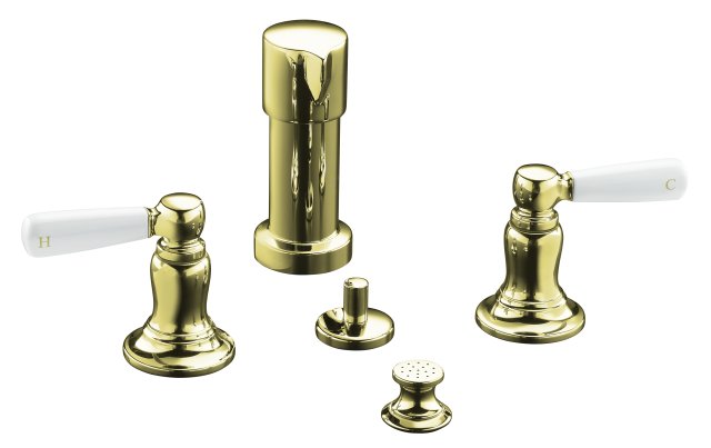 Kohler K-10586-4P-AF; Bancroft (R) bidet faucet with White ceramic lever handles; in Vibrant French Gold; Discontinued Product