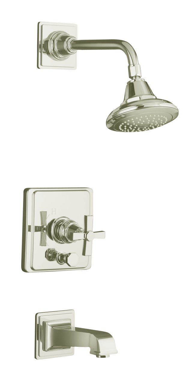 Kohler K-T13133-3A-SN; Pinstripe (R) Pure Rite-Temp (R) pressure-balancing bath and shower faucet trim with cross handle valve not included; in Vibrant Polished Nickel