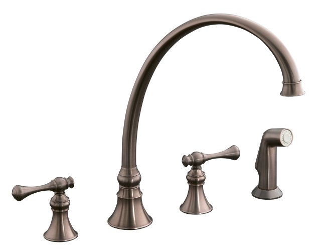 Kohler K-16111-4A Revival(R) kitchen sink faucet with 11-13/16"" spout sidespray and traditional lever handles