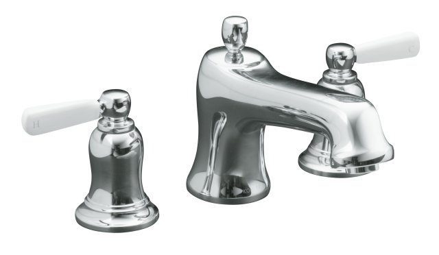 Kohler K-T10592-4P-BV; Bancroft (R) deck-mount bath faucet trim with White ceramic lever handles valve not included; in Vibrant Brushed Bronze; Discontinued Product